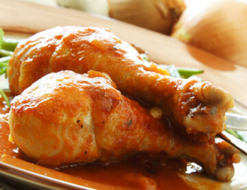 Baked chicken in tomato sauce with green beans on the side