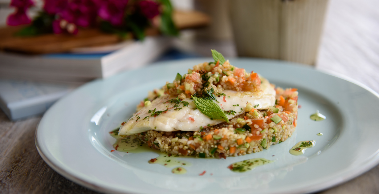 Sautéed Sea bream Fillets served with a Salad of Groats, Quinoa and finely chopped Vegetables.